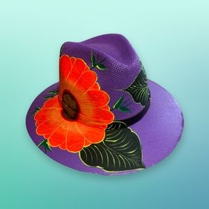 Boho Handpainted Floral Purple Fedora Hat From Ecuador